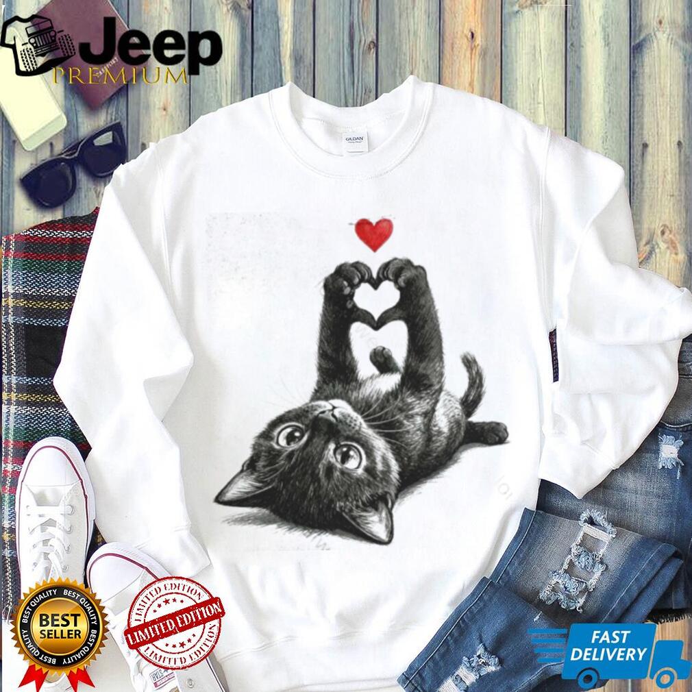 Cute Black Cat Heart Paws Graphic Tee For Cat Lovers
