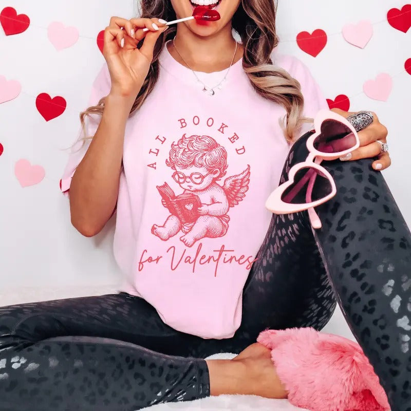 Cute Booktok Valentine's Day Shirt, All Booked for Valentine's Day, Cute Cupid Shirt, Graphic Women's Unisex Shirt...