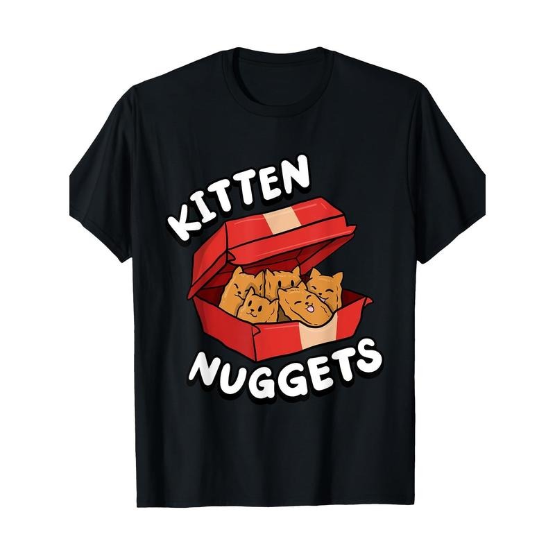 Cute Cat & Chicken Nuggets Graphic Tee - 100% Cotton, Short Sleeve, Crew Neck T-Shirt for Men