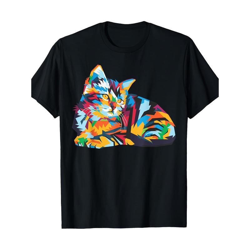 Cute Cat Graffiti Art Sketch Cat Lover Cat T-shirt Cute colorful Geometric Cat Cat Lover Art Cat T-shirt -100% cotton...