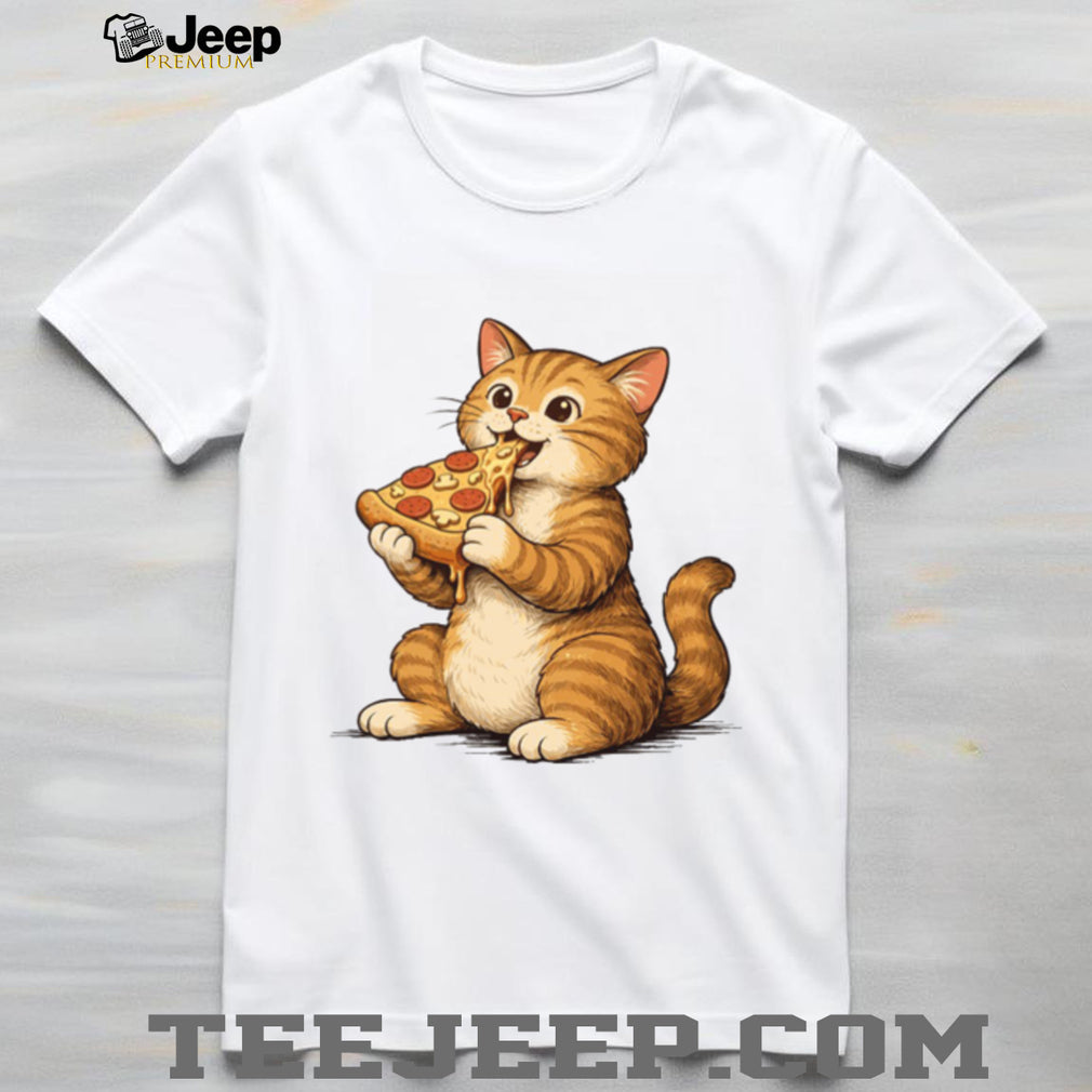 Cute Fat Orange Tabby Cat Eating Pizza Slice T Shirt