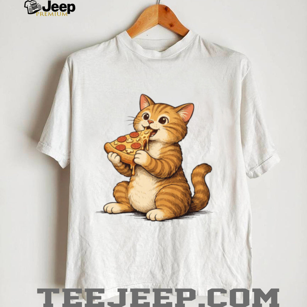 Cute Fat Orange Tabby Cat Eating Pizza Slice T Shirt