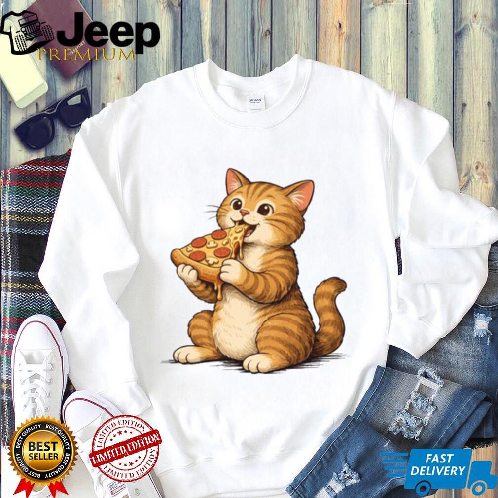 Cute Fat Orange Tabby Cat Eating Pizza Slice T Shirt