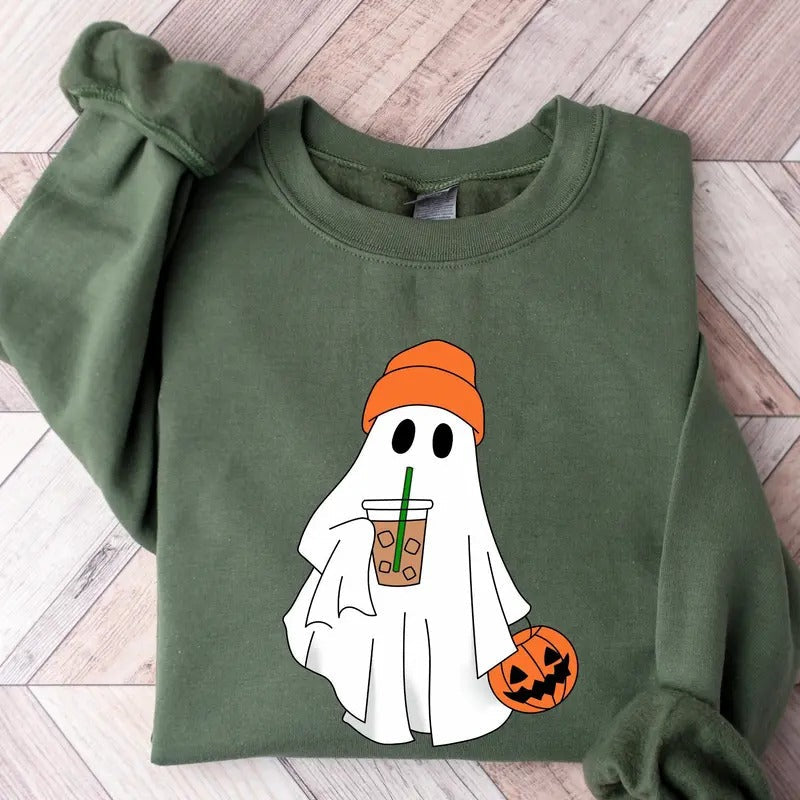 Cute Ghost Drinking Coffee Crewneck Sweatshirt, Hoodie, T-shirt | CiraTrend.com