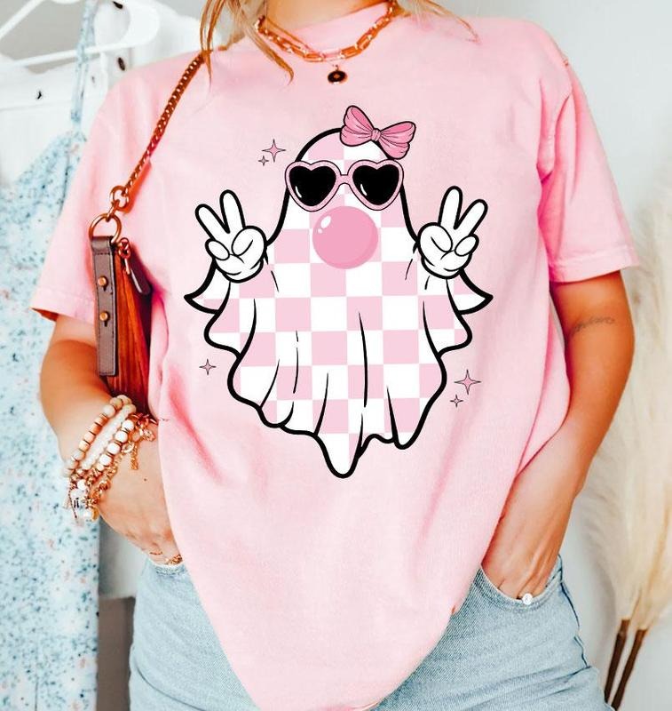 Cute Girly Ghost Blowing Bubble, Cute Pink Ghost Shirt Retro Ghost, Halloween Checkered Ghost bow Sweatshirt Hoodie