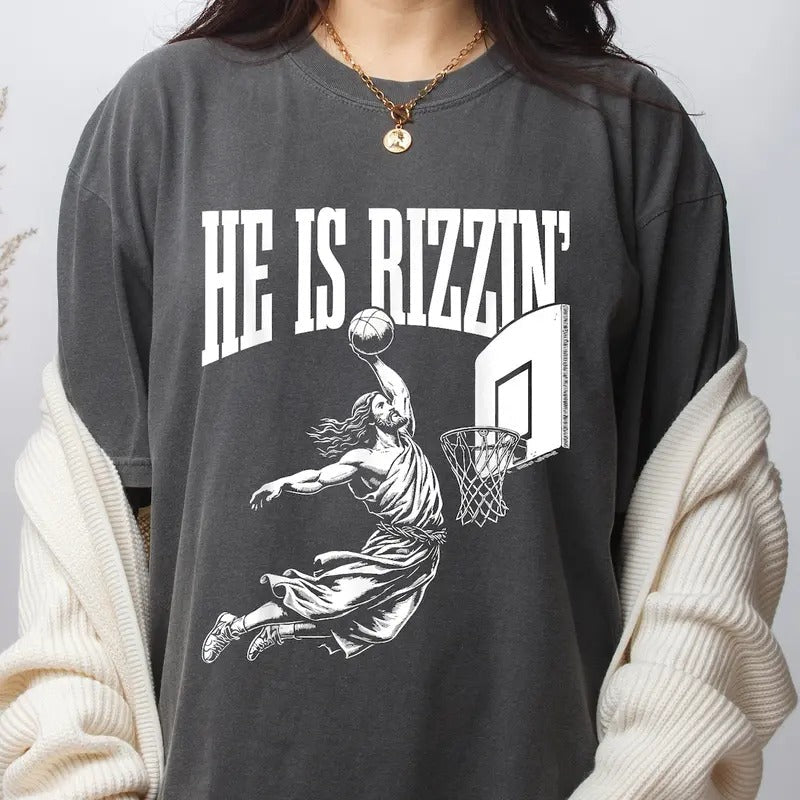 Cute He Is Rizzin' 90s Shirt, Christian Funny Shirt, Jesus Playing Basketball Cotton Top Hoodie, Sweatshirt | CiraTrend.com