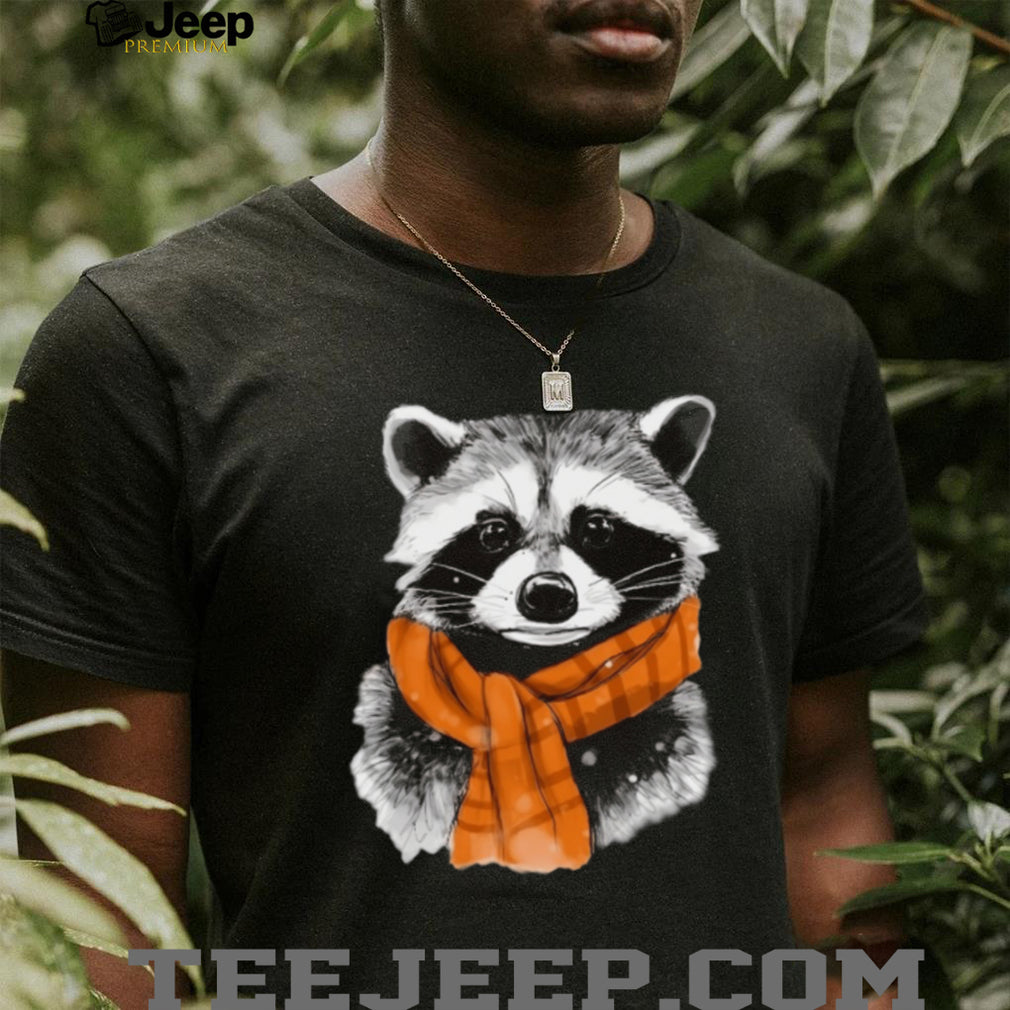 Cute Raccoon Wearing Orange Plaid Scarf Winter T Shirt