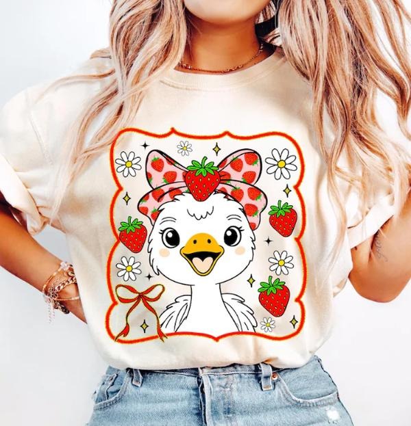 Cute Strawberry Goose Bow Tshirt, Summer Strawberry Goose, Coquette Goose Strawberry, Mothers Day Hoodie, Sweatshirt