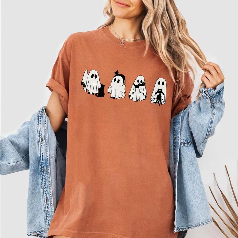 Сute Ghost Cat Shirt, Ghost Cat T-shirt, Cat Lovers Sweatshirt, Retro Ghost Halloween, Spooky Season Tee, Funny Halloween...