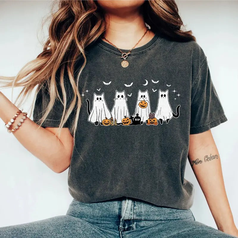 Сute Ghost Cats Shirt, Retro Halloween Shirt, Ghost Cats Sweatshirt, Cat Lovers Shirt, Black Cat Shirt, Spooky Season for Her, Gift for Cat Lover, Ghost Cats Halloween Sweatshirt, Halloween Ghost Cats, Vintage Halloween Sweatshirt for Mom, Women Top