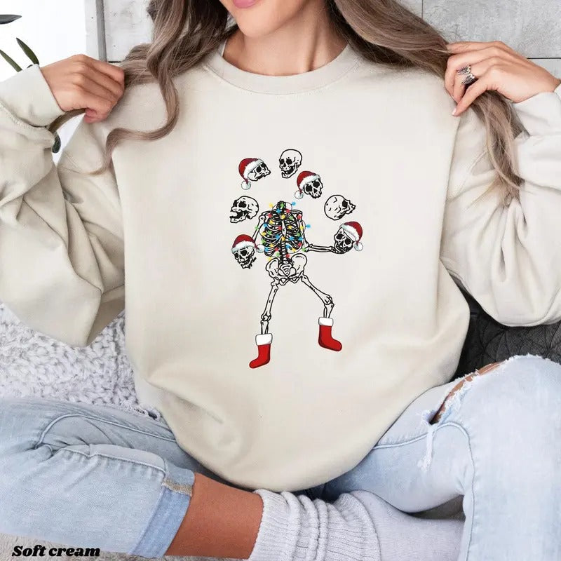 Dancing Skeleton Shirt for Women, Santa Skeleton Lights Sweatshirt, Flying Skeleton Head Shirt, Dead Inside Shirt, Girls...