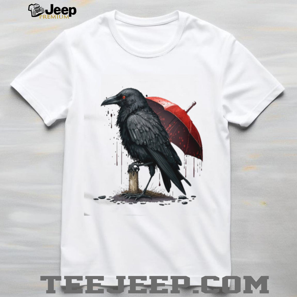 Dark Crow with Red Umbrella Gothic Ink Art T Shirt