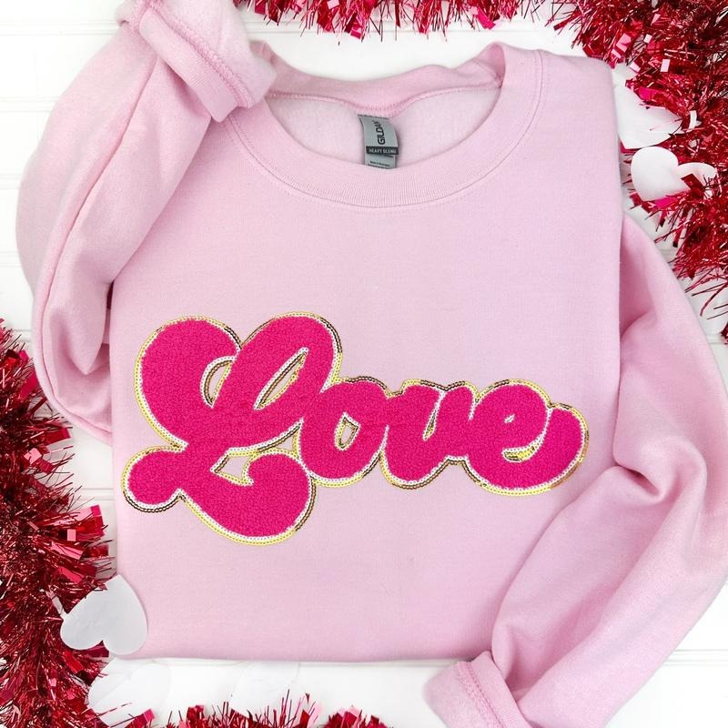 Dark Pink Chenille Love Patch Sweatshirt -- LIGHT PINK T-Shirts, Hoodie | CiraTrend.com