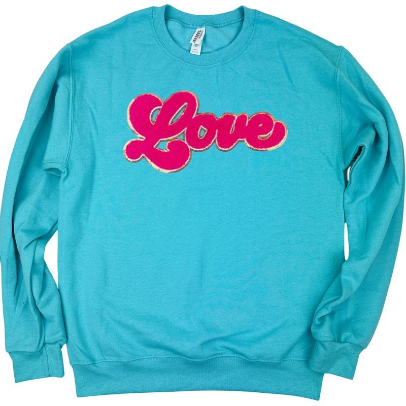 Dark Pink Chenille Love Patch Sweatshirt -- SCUBA BLUE T-Shirts, Hoodie | CiraTrend.com