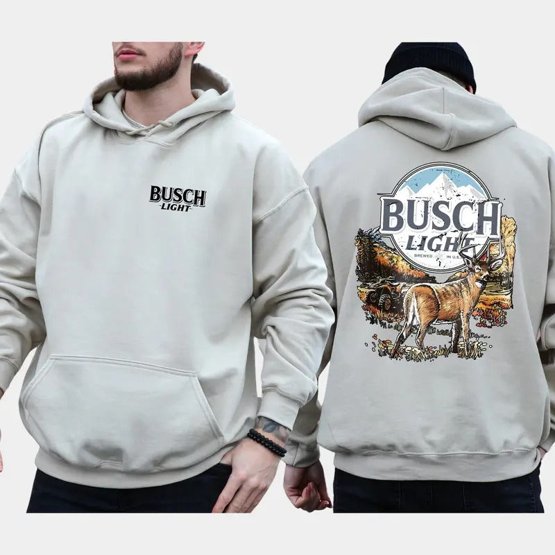 Deer Hunting With Busch Light Beer Hoodie 2 Side - Nineties Vintage Buck And Doe Deer Outfit - Boho Unisex Crewneck Shirt, Graphic Tee For Men, For Women