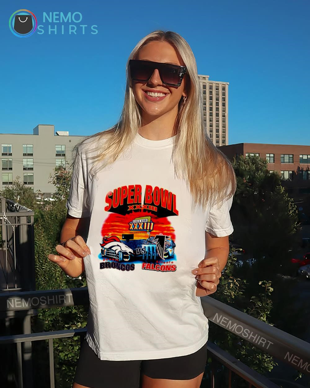 Denver Broncos vs. Atlanta Falcons Super Bowl XXXIII logo shirt