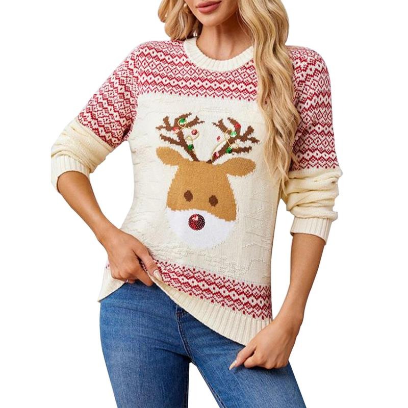 Women's Christmas Sweaters Reindeer/Diamond Drop Shoulder Long Sleeve Round Neck Ribbed Knitted Tops T-Shirts, Hoodie,...