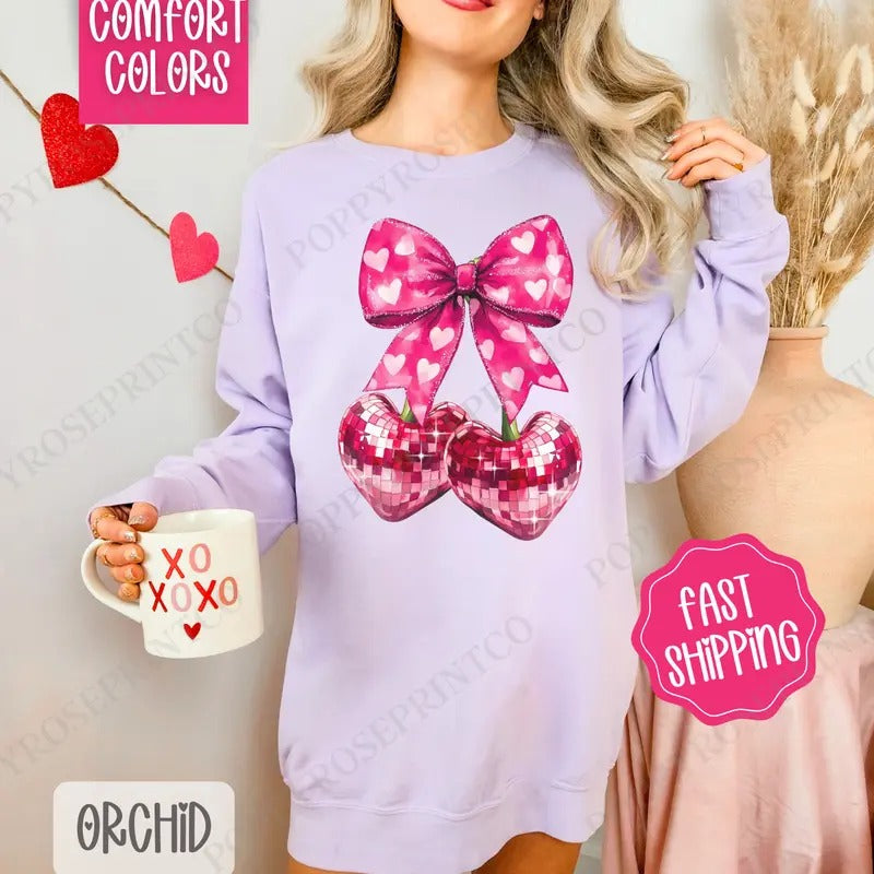 Disco Cherry Heart Bow Valentines Sweatshirt Comfort Colors, Valentine's Day Women's Crewneck, Holiday Women's Sweater valentine sweatshirt valentine day