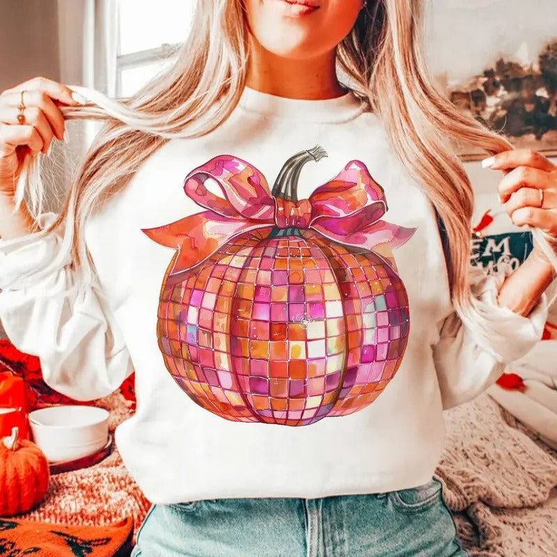 Disco Pumpkin Crewneck, Trendy Fall T-Shirt, Coquette Aesthetic Autumn Sweatshirt, Fall Pumpkin Clothing, Unisex Cotton...