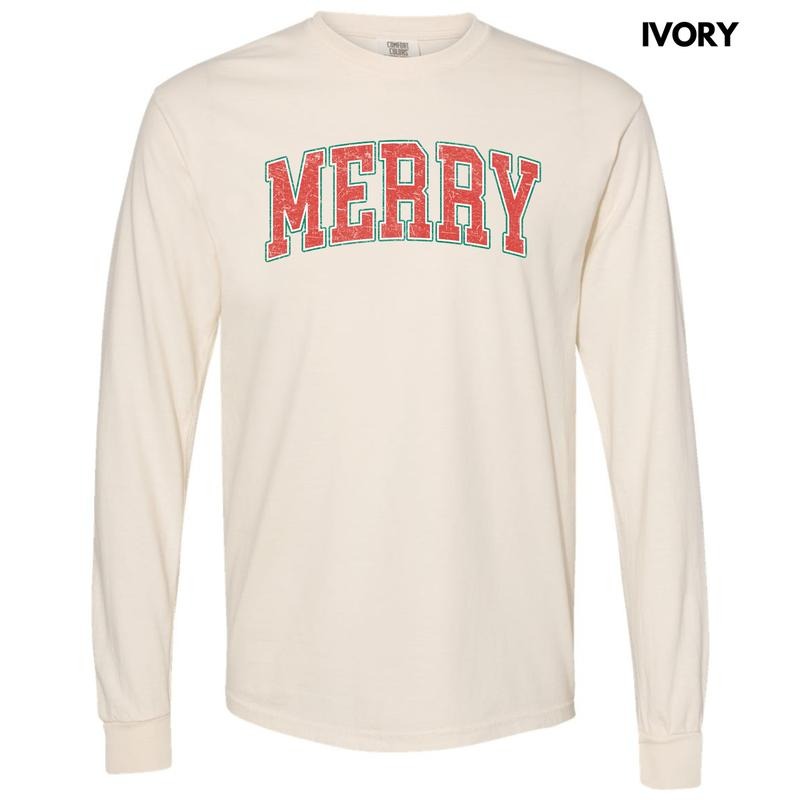 Distressed Varsity Merry Long Sleeve Comfort Colors T-Shirt 'NLB' Hoodie, Sweatshirt | CiraTrend.com