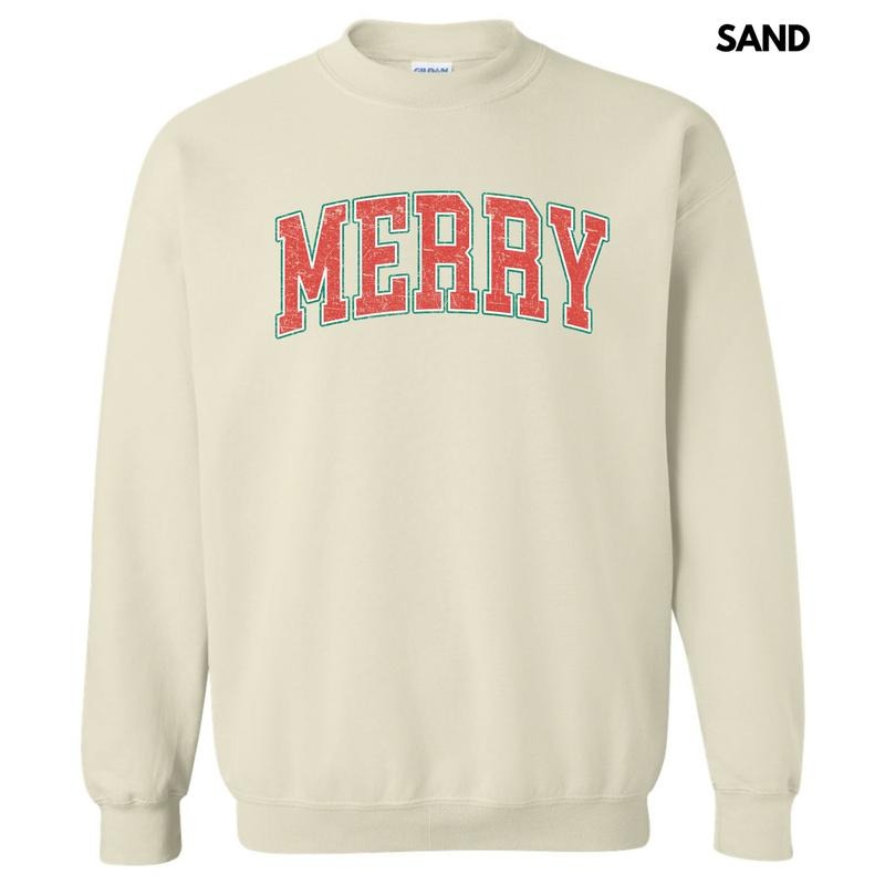Distressed Varsity Merry Sweatshirt 'NLB T-Shirts, Hoodie | CiraTrend.com