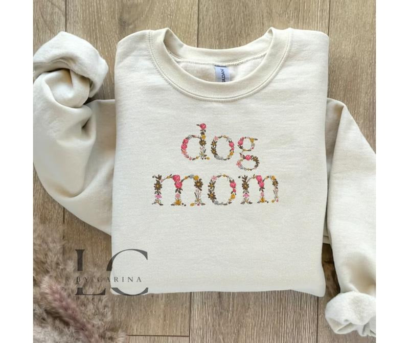 Dog Mom Floral Print Embroidered Sweatshirt - Cozy Pet Lover Apparel - Custom Dog Mom Jumper T-Shirts, Hoodie | CiraTrend.com