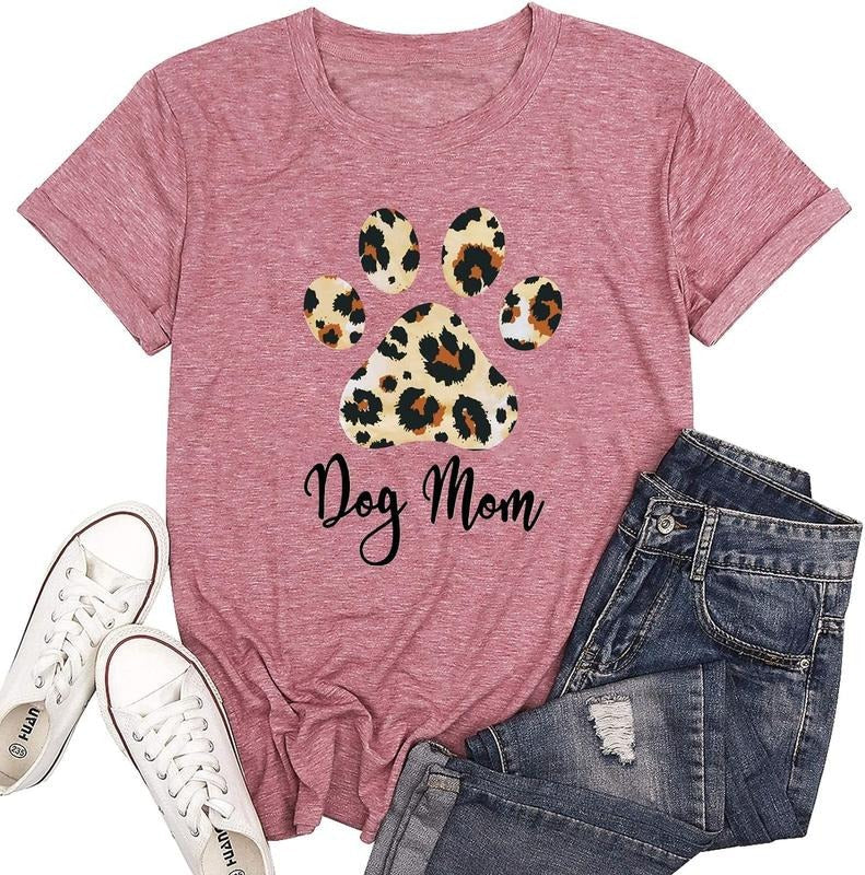Dog Mom T-Shirt Women Funny Leopard Print Dog Mama T-Shirt Cute Graphic T-Shirt Dog Lover Letter Print  T-Shirt Comfort...