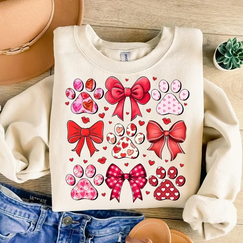 Dog Valentine Coquette Sweatshirt, Dog Mom Sweatshirt, Valentine's Day Sweatshirt, Dog Paw Print Heart Sweatshirt,...