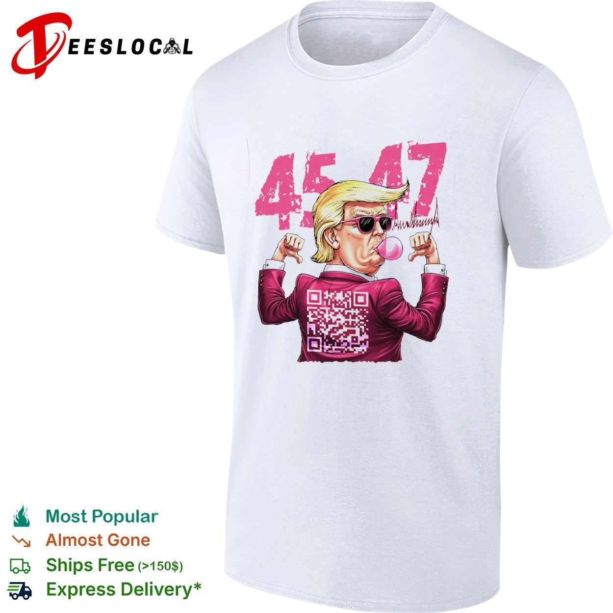 Donald Trump 45 47 bubble gum QR code shirt