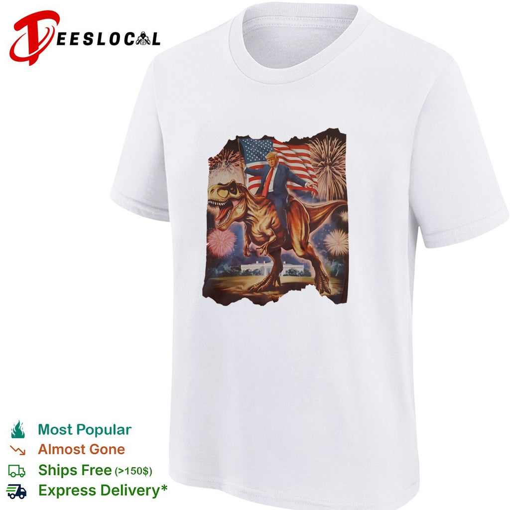Donald Trump T-Rex riding dinosaur American flag fireworks shirt