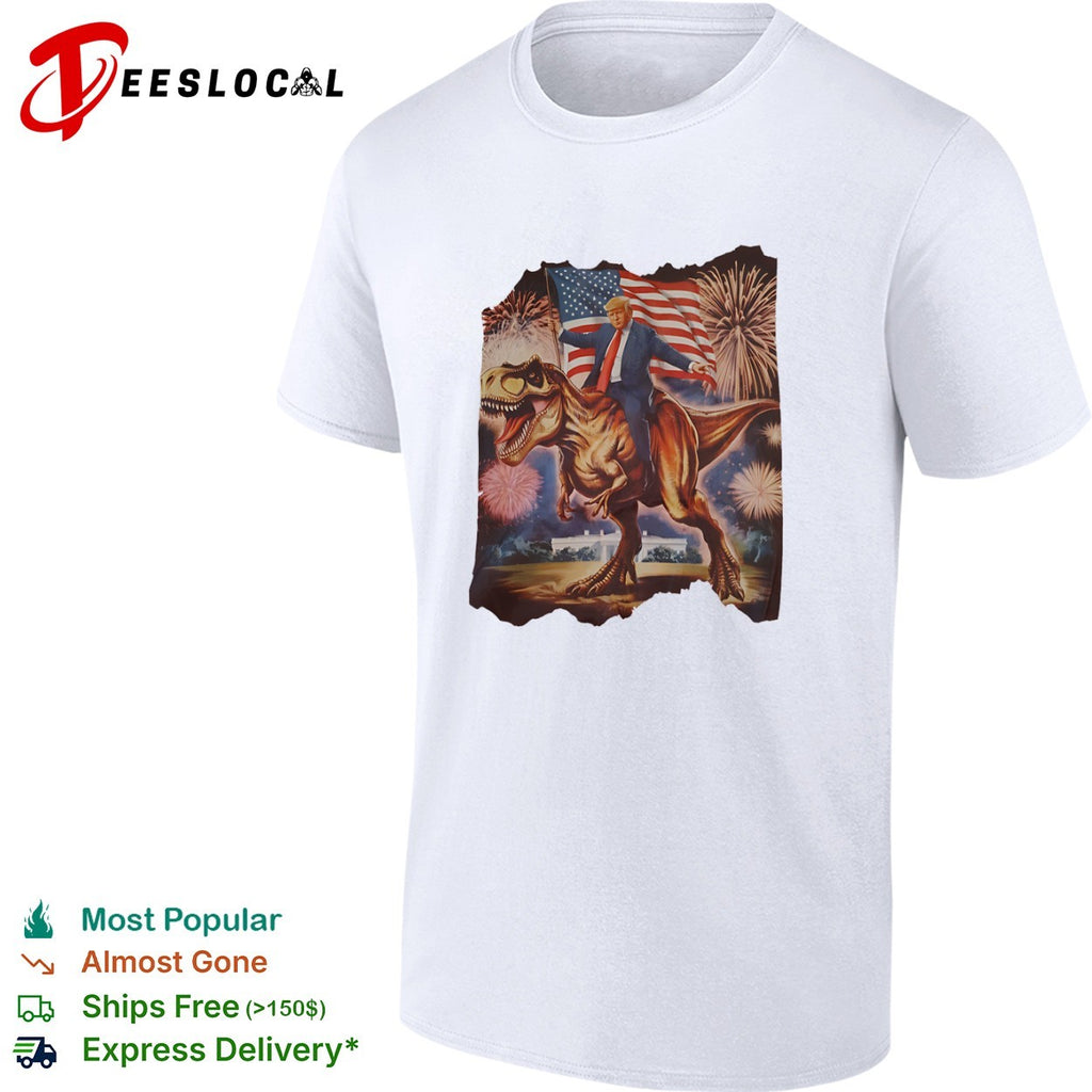 Donald Trump T-Rex riding dinosaur American flag fireworks shirt