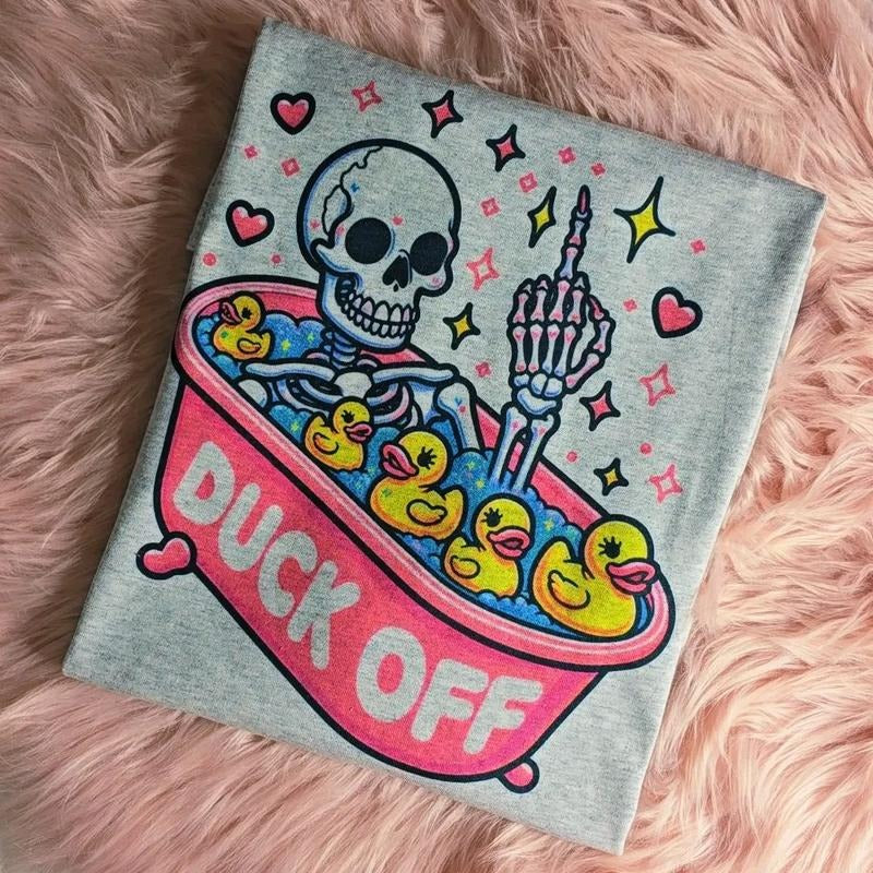 Duck off Funny Skeleton Graphic Tee Loose fit Top Vintage Look Hoodie, Sweatshirt | CiraTrend.com