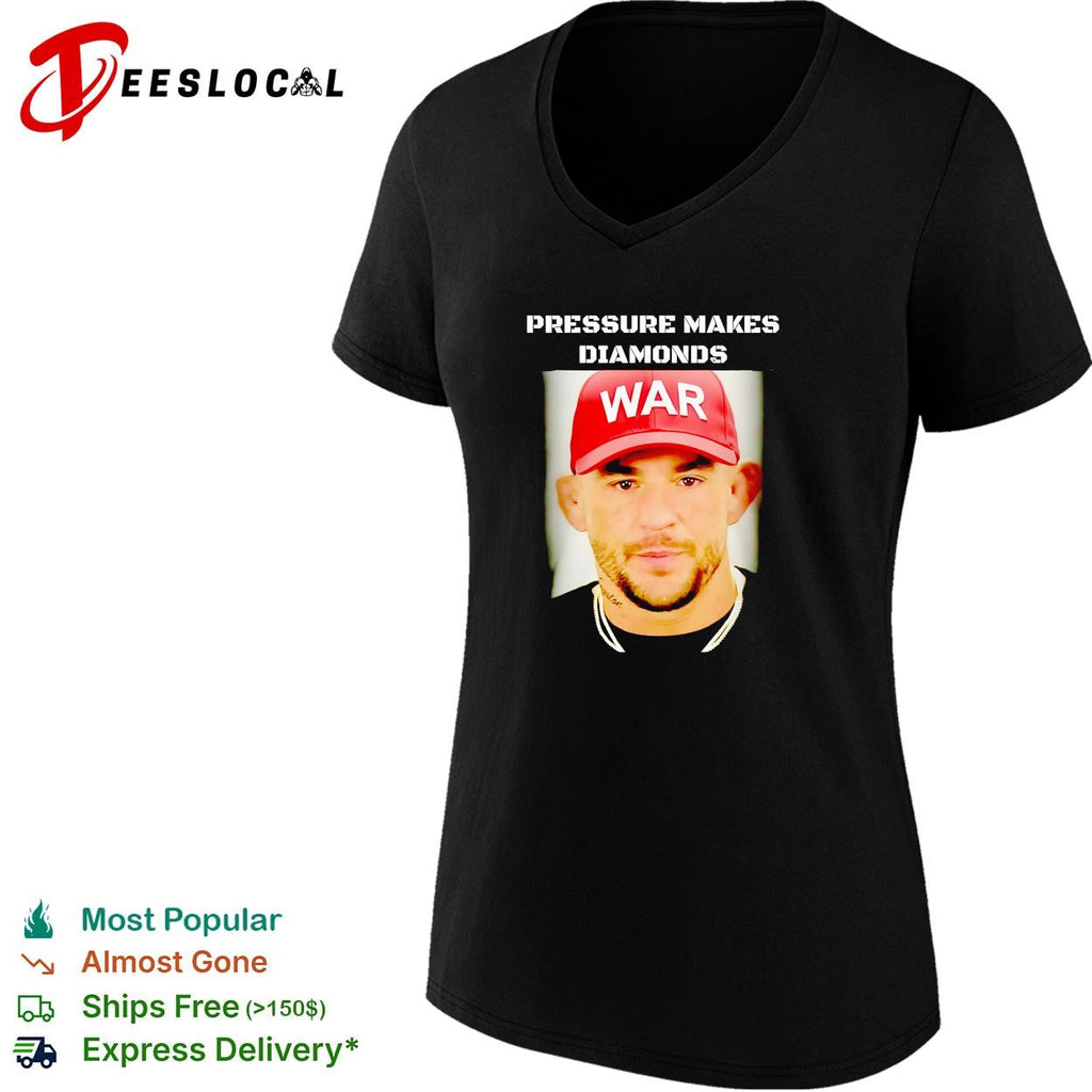Dustin Poirier wearing red war cap mugshot pressure makes diamonds shirt