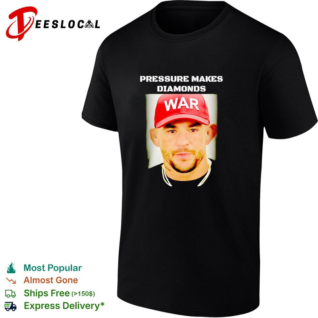 Dustin Poirier wearing red war cap mugshot pressure makes diamonds shirt