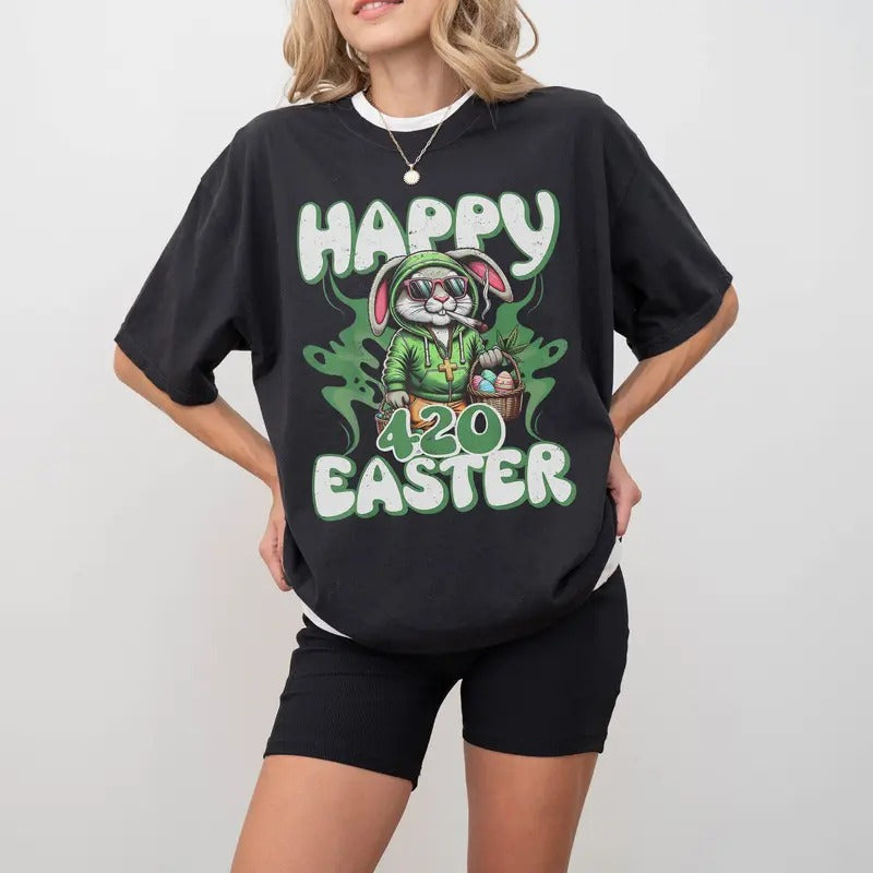 Easter Bunny Rabbit Cannabis 420 Day Shirt, Happy 420 Funny Smoking Easter Bunny Men Women's T-Shirt, Comforl Colors...
