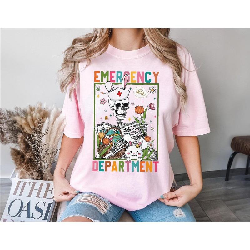 Easter Emergency Department Skeleton Nurse Shirt, Er Nurse Easter Tee, Cute Easter Floral Rabbit Sweatshirt, Happy Easter...