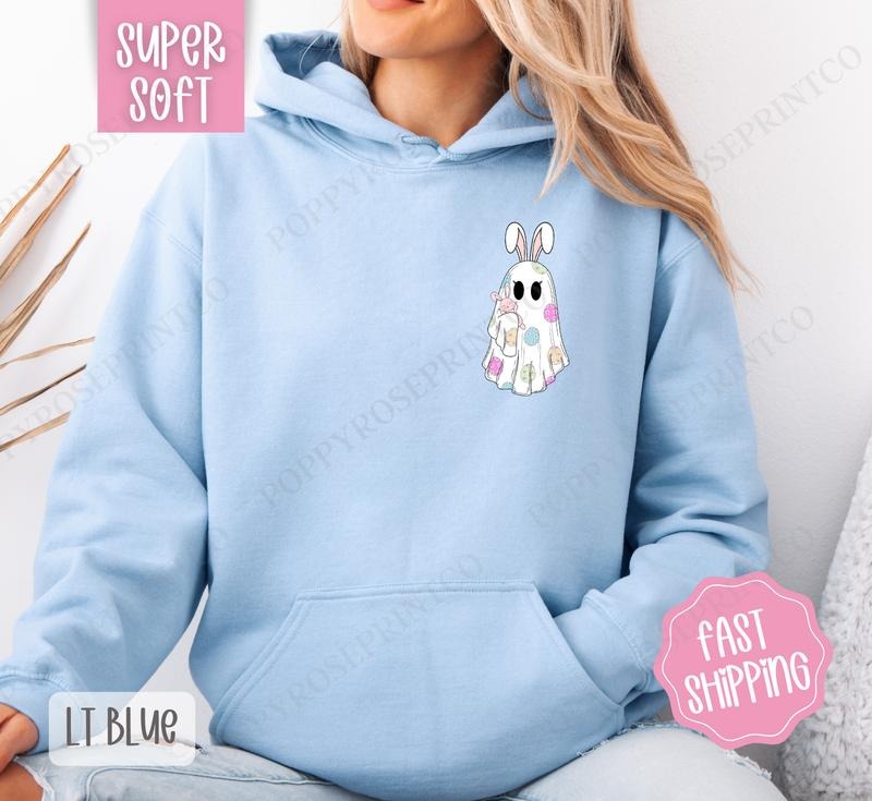 Easter Ghost Hoodie, Women's Crewneck, Cute Easter Women's Hooded Sweater T-Shirts, Sweatshirt | CiraTrend.com