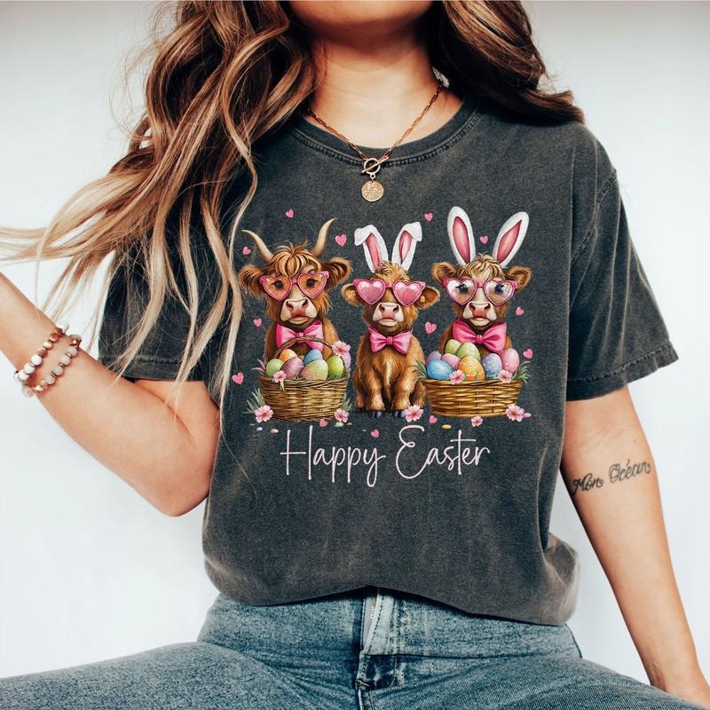 Easter Highland Cow Shirt, Cute Bunny Ears Cow Tee, Happy Easter Sweatshirt for Women, Spring Farm Animal Graphic Shirt...