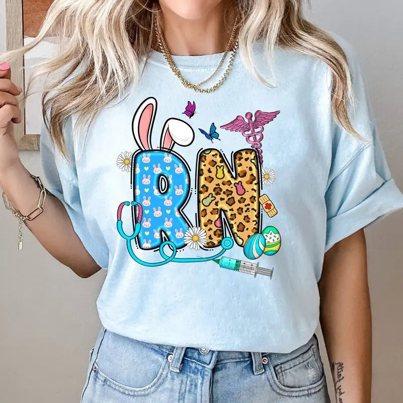 Easter RN Shirt - Cute Nurse T-Shirt with Bunny & Leopard Print - Spring Healthcare Tee Hoodie, Sweatshirt | CiraTrend.com