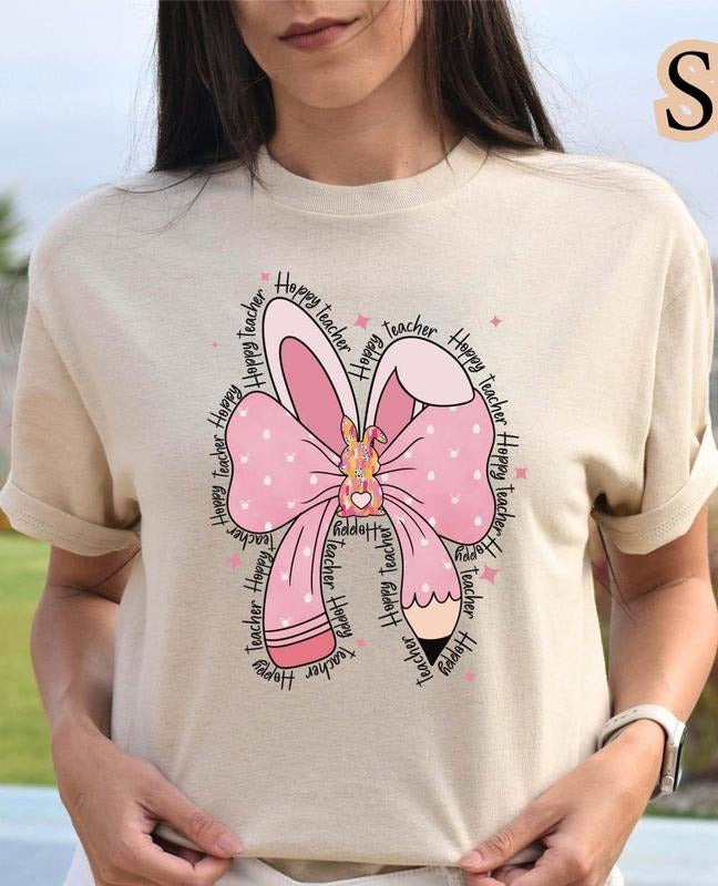 Easter Teacher Cute Coquette Bow Bunny Tshirt, Teacher Easter T-Shirt, Teacher Appreciation Gift, Spring School Teacher...