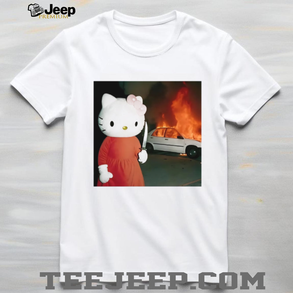 Edgy Cartoon Cat Holding Knife & Burning Car Aesthetic T Shirt