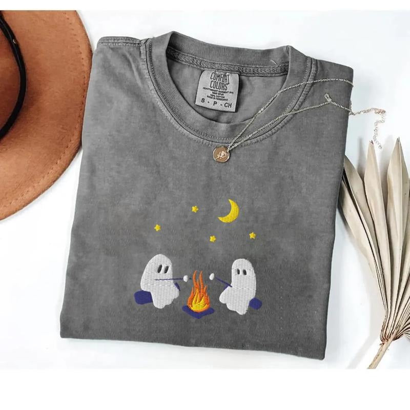 Embroidered Cute Ghosts Camping Sweatshirt, Embroidered Halloween Ghost T-Shirt, Spooky Season Shirt, Camping Ghosts...