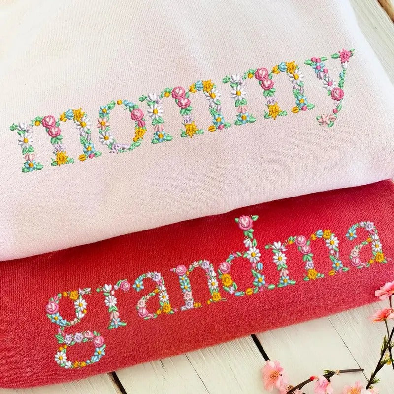 Embroidered Floral Mama Sweatshirt, Custom Mama Sweater, Mimi Shirt, Nana, Gigi, Grandma Floral Hoodie, Mother's Day Gift...