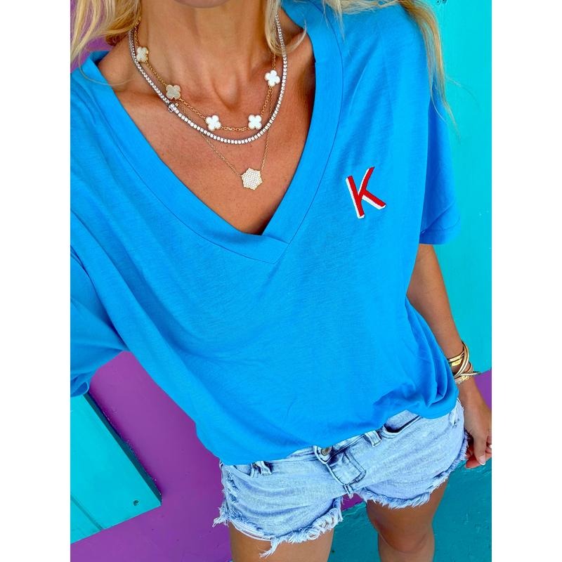 Embroidered Initial Blue V-Neck Tee Hoodie, Sweatshirt | CiraTrend.com