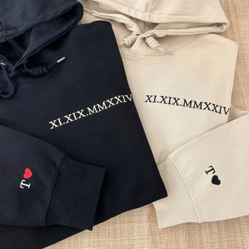 Embroidered Roman Numerals Hoodie, Date Couple Sweatshirt, Initials on Sleeve T-Shirts | CiraTrend.com