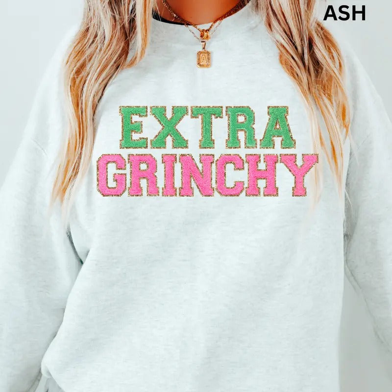 Extra Grinchy Faux Sparkle Sweatshirt Christmas Winter Graphic  Cotton Polyester Oversized sweatshirt - Comfort Crewneck...