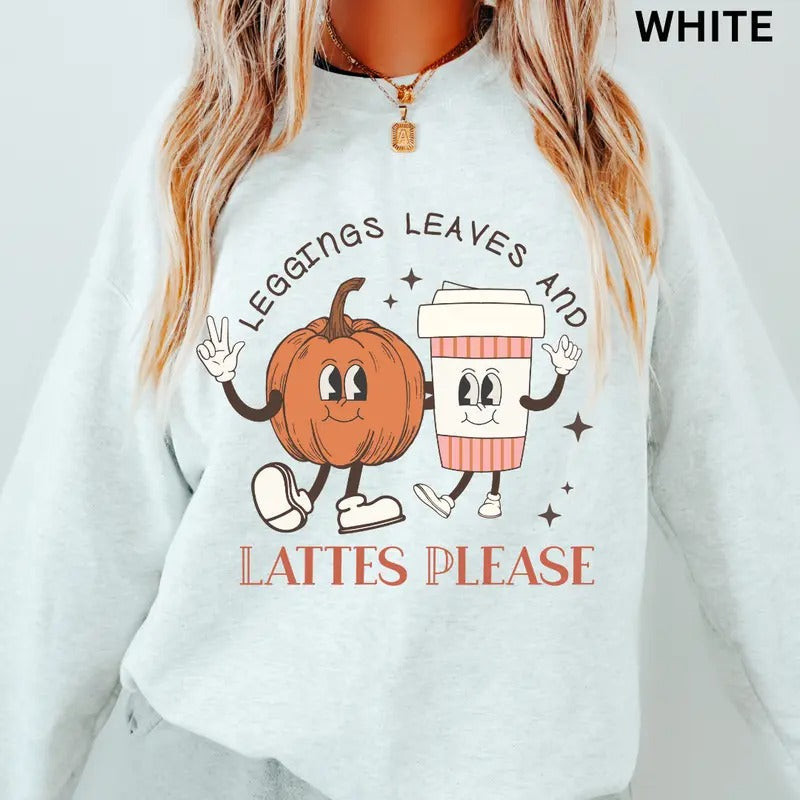 Fall Crewneck Sweatshirt, Leggings Leaves and Lattes Please, Fall Crewneck, Retro Sweatshirt Graphic Oversized Halloween...
