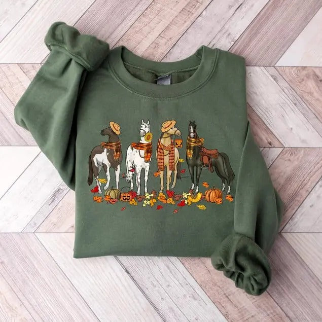 Fall Horse Sweatshirt, Horse Crewneck Sweatshirt, Horse Farm Animals Shirt, Autumn Pullover Hoodie | CiraTrend.com