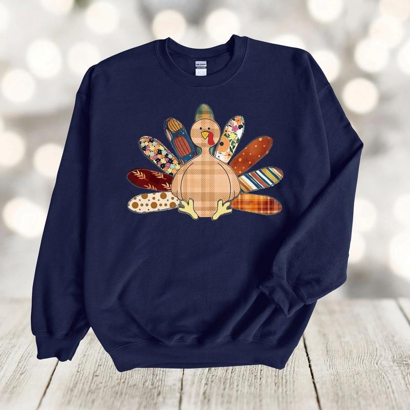 Fall Sweatshirt, Patchwork Turkey Hoodie, Thanksgiving Turkey, Faux Patchwork Tee, Quilted Turkey Sweatshirt | CiraTrend.com
