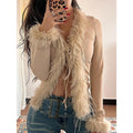 Faux Fur Fuzzy Long Sleeve Top Mesh Lace Open Front Y2K Tee Shirts Hoodie, Sweatshirt | CiraTrend.com